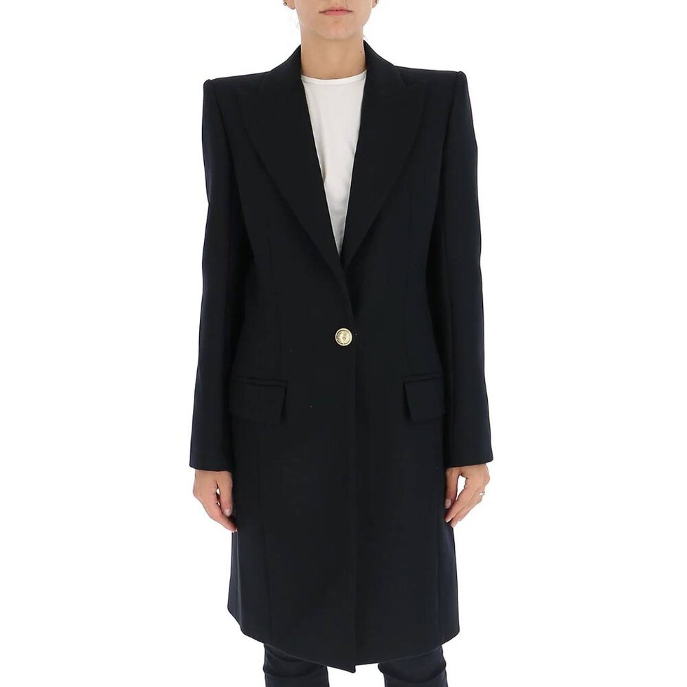 Balmain Golden Crest Button Black Wool Overcoat